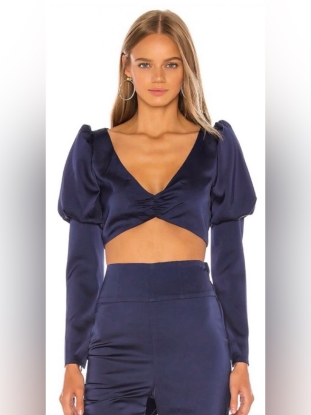 NBD REVOLVE Satin Long Sleeve Crop Navy Blue Size Small